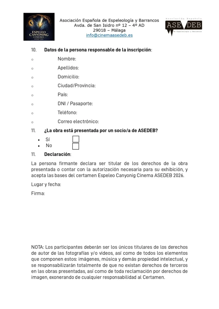 Documentación para la inscripción al primer certamen de cine de espelo canyonig cinema de Asedeb segunda pagina
