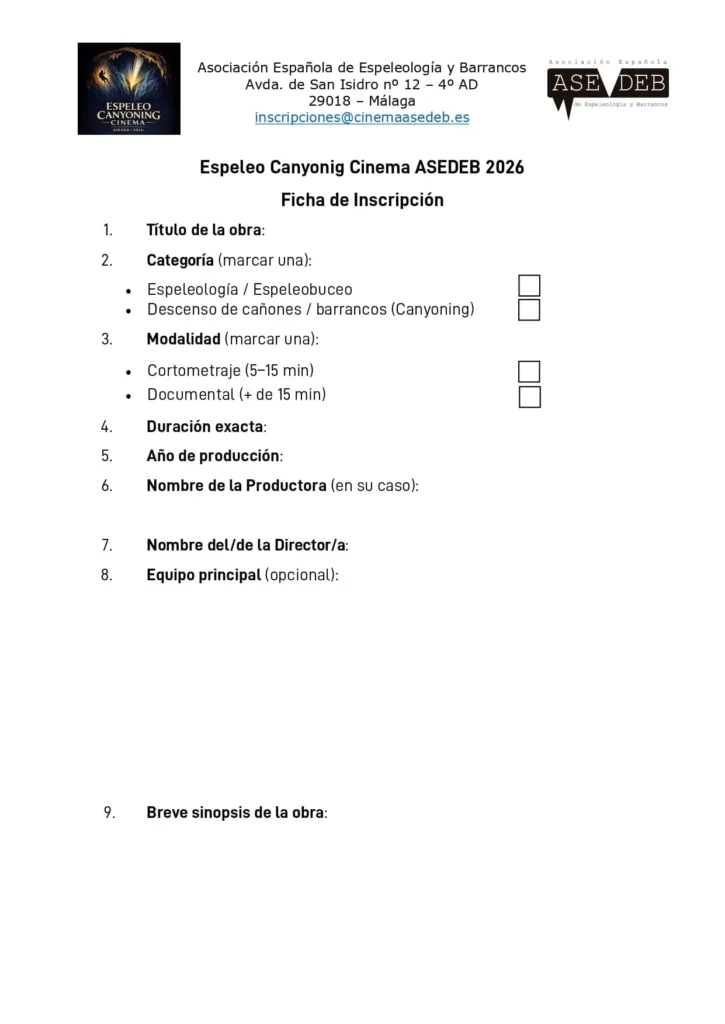 Documentación para la inscripción al primer certamen de cine de espelo canyonig cinema de Asedeb primera pagina